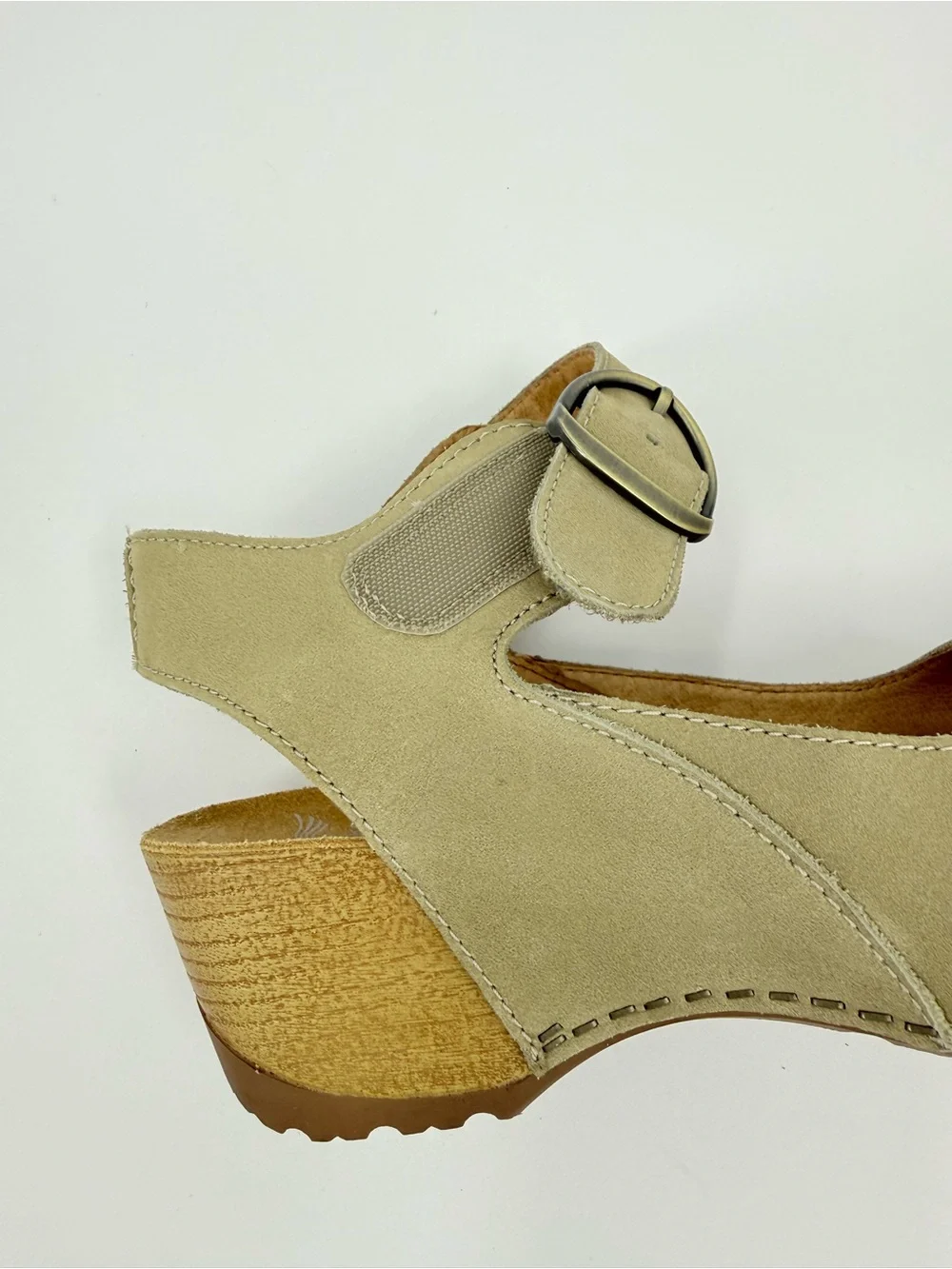 Dansko Tiana Peep-Toe Wedge Sandals in Khaki Leather Size 37 or 6.5-7